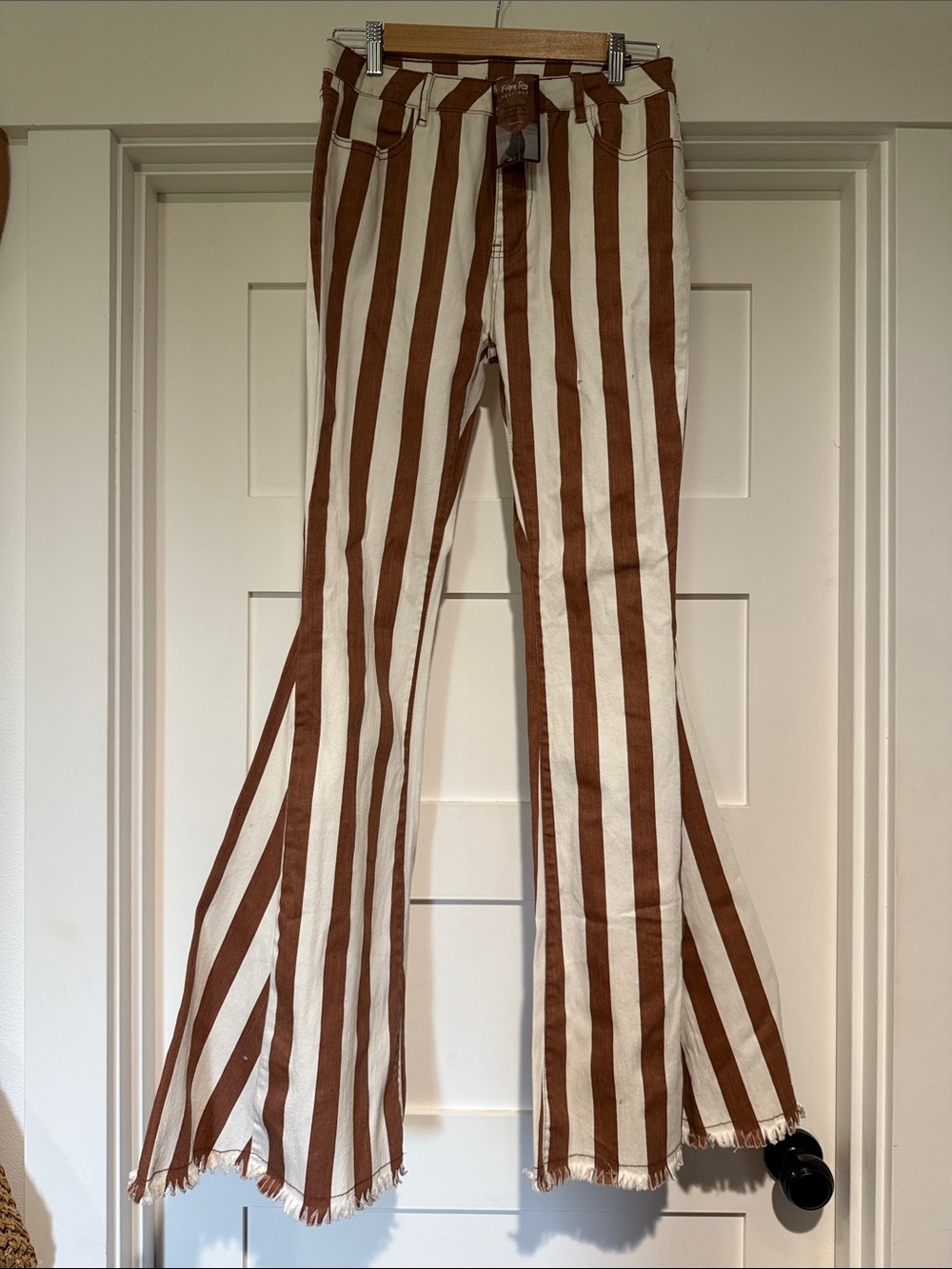 Brown and White Vertical Stripe Flared Jeans